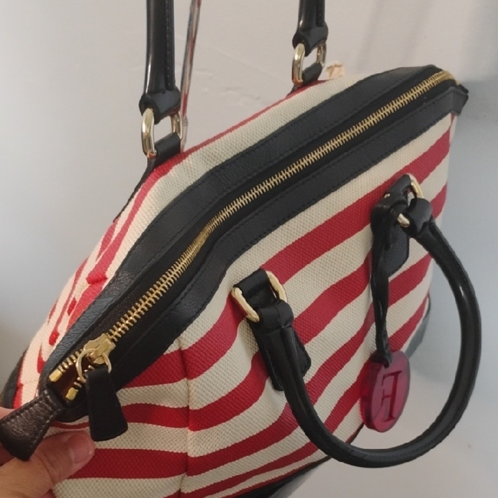 Furla Patriotic Red Off White Stripes Canvas and Black Jelly Bottom Handbag - Picture 6 of 11